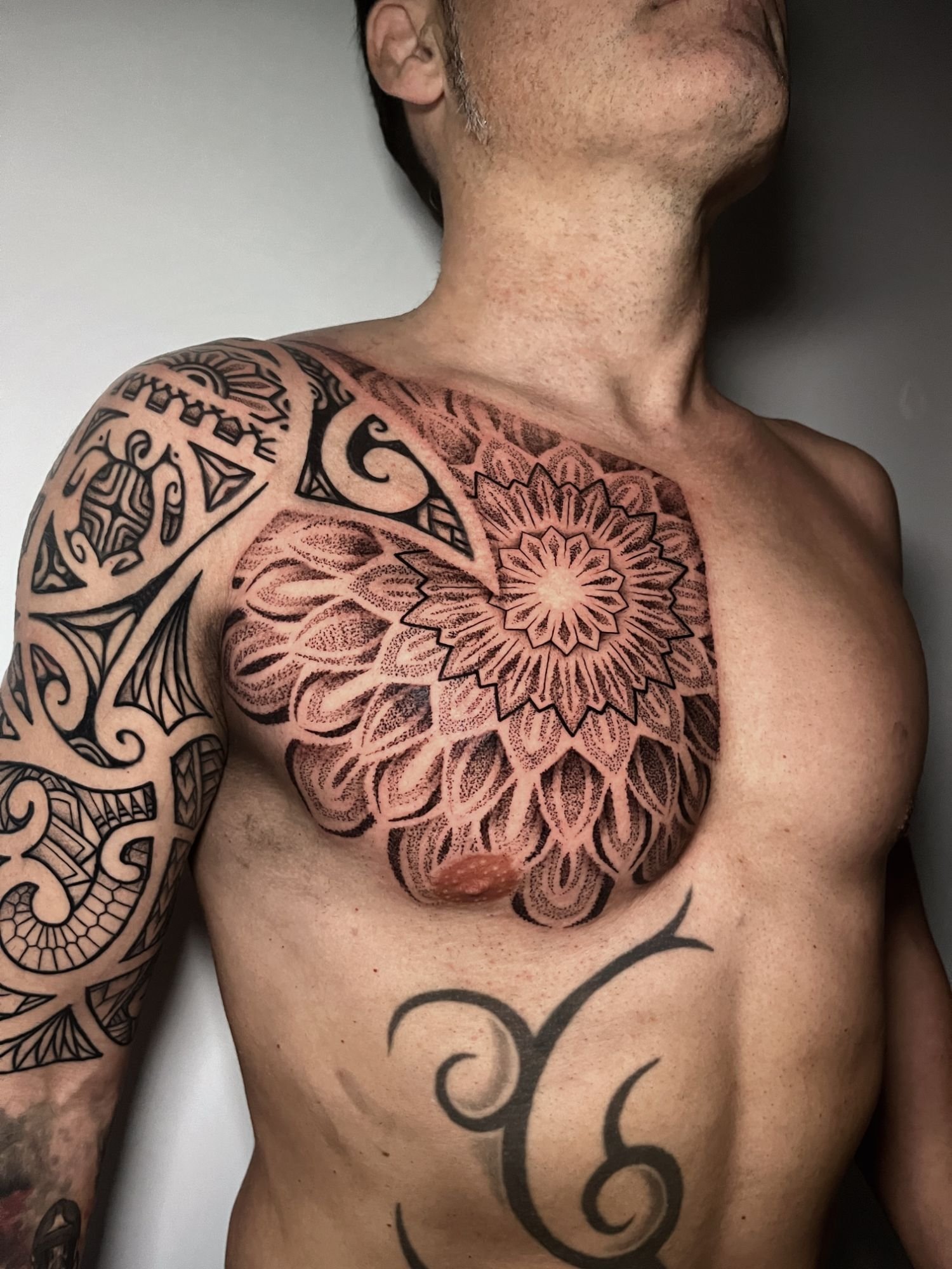 Tatuaje maorí en hombro con motivo de tortuga y sol tribal