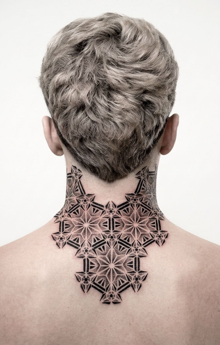 Mandala de estrellas en dotwork tatuado en la nuca